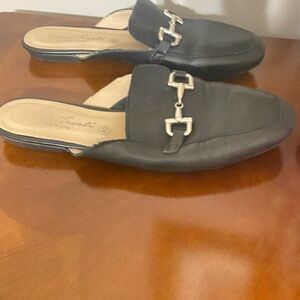 Chic Black Leather Mules with Silver equestrian buckle